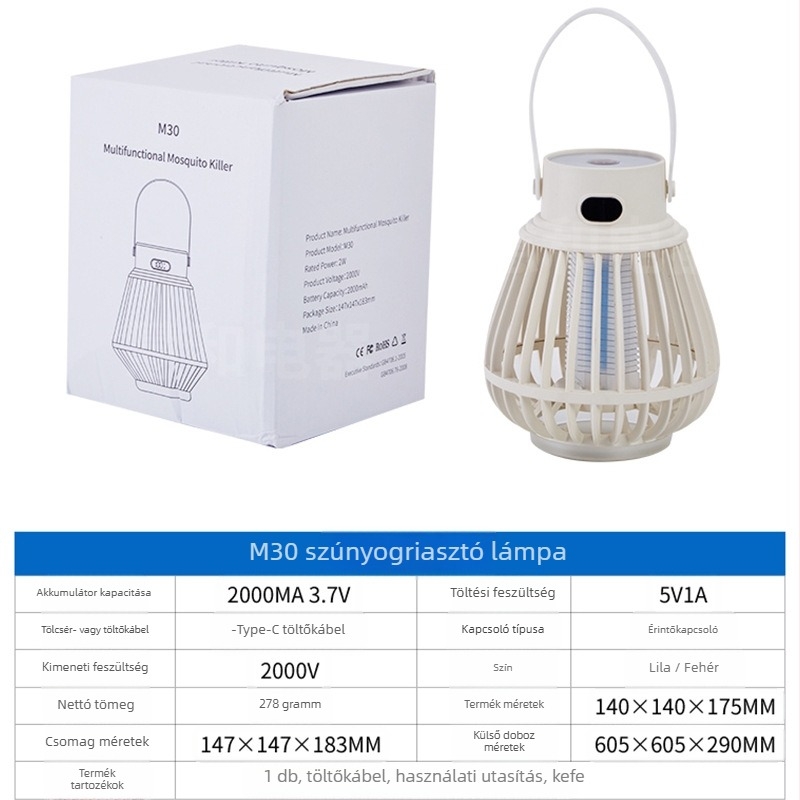 Szúnyogirtó lámpa, hordozható kültéri/beltéri elektronikus rovarirtó, modell J03, lilás fénygolyócső, 3.7V, testreszabás elérhető