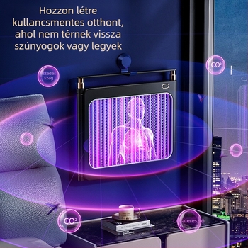 LED szúnyogriasztó lámpa, falra vagy asztalra szerelhető, 21–30㎡ lefedettség, alumínium háló, elektromos sokkal történő megsemmisítés, beépített akkumulátor 1001–1600mAh