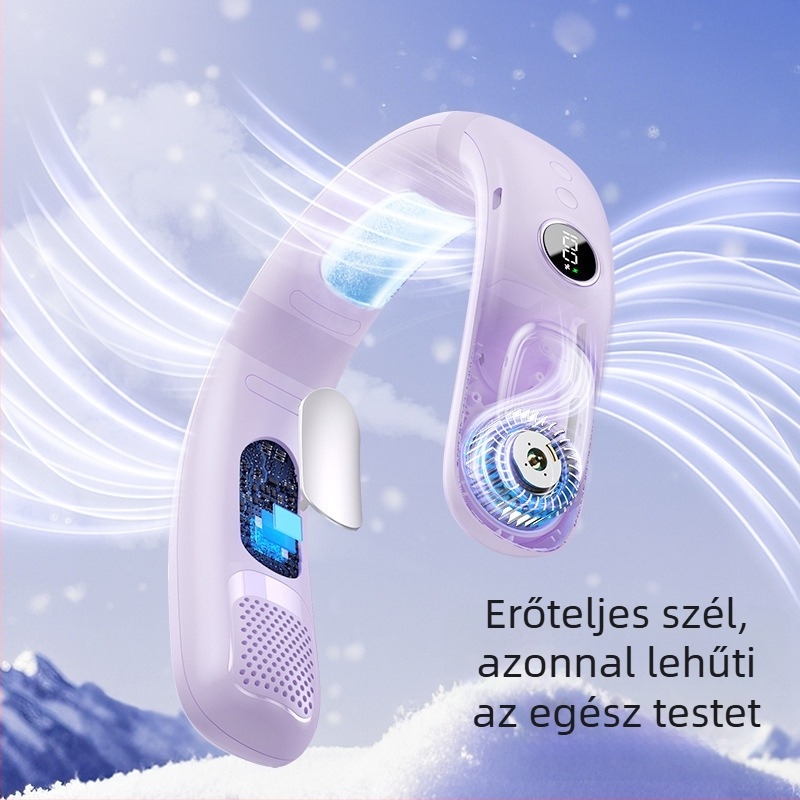 Nyakventilátor lapátok nélkül, félvezető hűtéssel, USB töltés, beépített akkumulátor, 5 sebesség