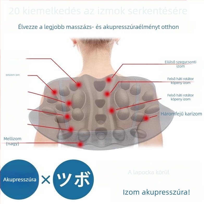 Nyak-, hát- és derékmasszázspárna – 6+ fej, PU bőr, egy sebességű mechanikus masszázs, téglalap-trapéz formájú