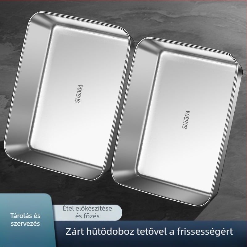 Edzett acélból készült négyszögletes ételtároló fedővel, konyhai tárolásra, kapacitás 0.3–3 L