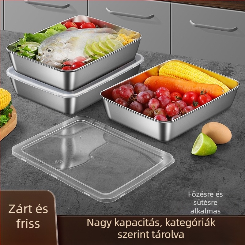 Edzett acélból készült négyszögletes ételtároló fedővel, konyhai tárolásra, kapacitás 0.3–3 L