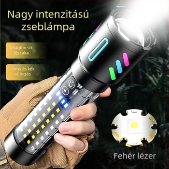 Lézeres zseblámpa hosszú hatótávolsággal, beépített 1800 mAh akkumulátor, 10 W, alumínium ötvözet test, hatótávolság több mint 500 m