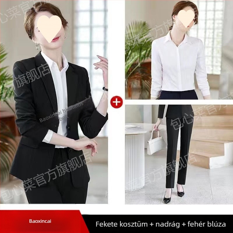 Női szűk szabású poliészter kosztüm szett zakóval és hosszú ujjakkal — ősz 2023