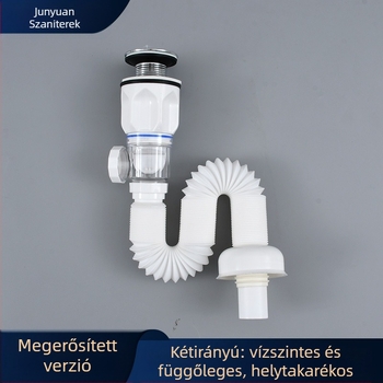 Mosdókagyló lefolyó készlet, kettős használat – függőleges és vízszintes, S-ív, emelő típus, műanyag, fürdőszoba