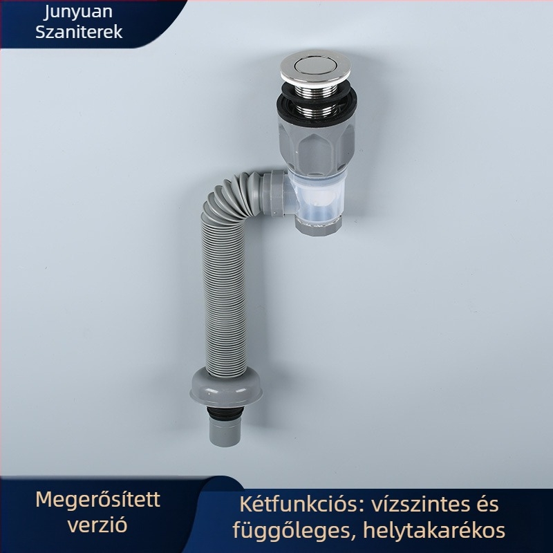 Mosdókagyló lefolyó készlet, kettős használat – függőleges és vízszintes, S-ív, emelő típus, műanyag, fürdőszoba