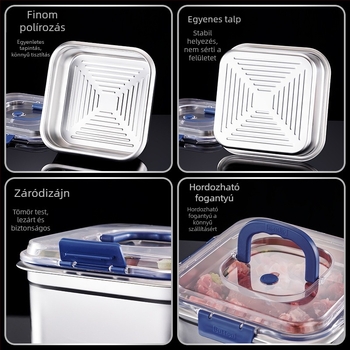 Rozsdamentes acél élelmiszer-tároló doboz, négyszögletes alakú, kapacitás 2,1–3 L, frissesség megőrzése, mikrohullámú sütő-kompatibilis