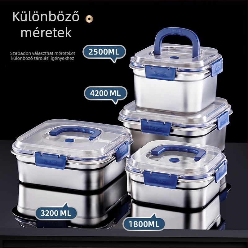 Rozsdamentes acél élelmiszer-tároló doboz, négyszögletes alakú, kapacitás 2,1–3 L, frissesség megőrzése, mikrohullámú sütő-kompatibilis