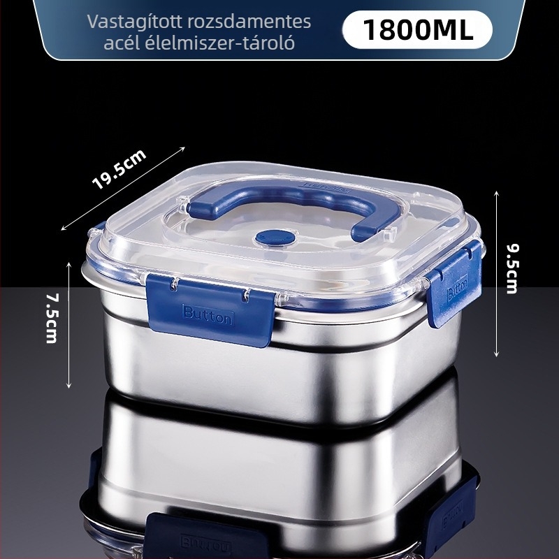 Rozsdamentes acél élelmiszer-tároló doboz, négyszögletes alakú, kapacitás 2,1–3 L, frissesség megőrzése, mikrohullámú sütő-kompatibilis