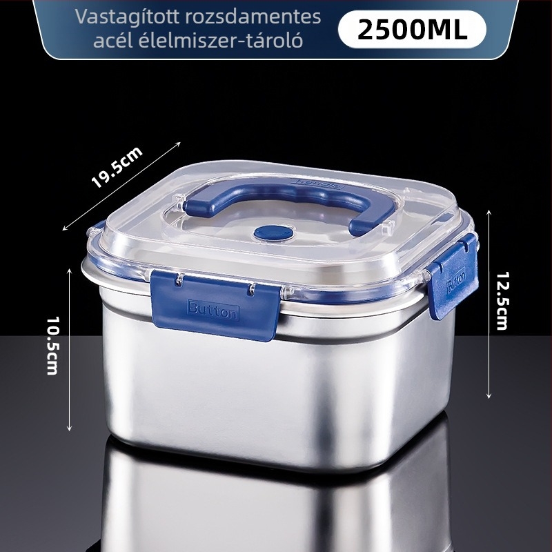 Rozsdamentes acél élelmiszer-tároló doboz, négyszögletes alakú, kapacitás 2,1–3 L, frissesség megőrzése, mikrohullámú sütő-kompatibilis