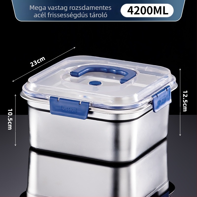 Rozsdamentes acél élelmiszer-tároló doboz, négyszögletes alakú, kapacitás 2,1–3 L, frissesség megőrzése, mikrohullámú sütő-kompatibilis