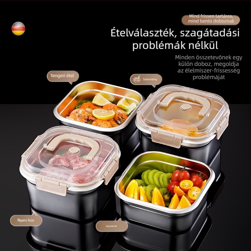 Rozsdamentes acél élelmiszer-tároló doboz, négyszögletes alakú, kapacitás 2,1–3 L, frissesség megőrzése, mikrohullámú sütő-kompatibilis
