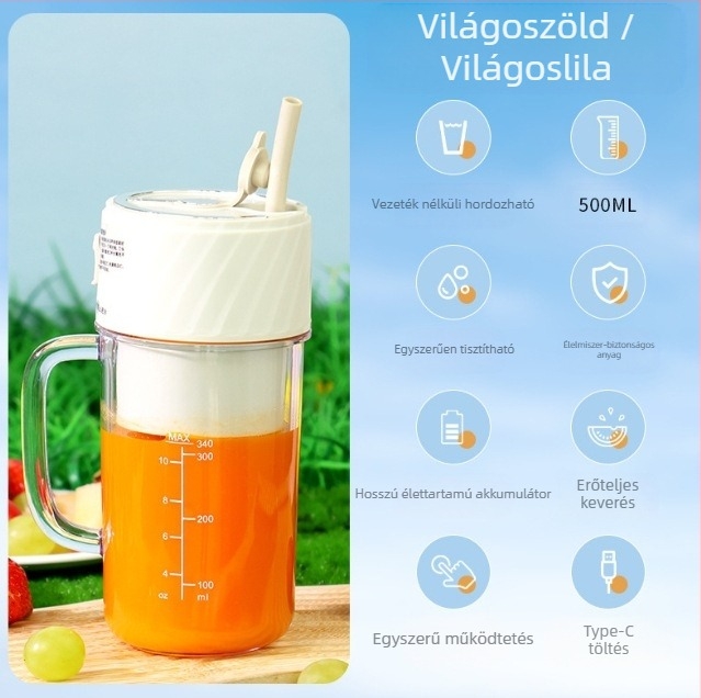 Hordozható, feltölthető gyümölcscentrifuga digitális kijelzővel, 18000 rpm, 50 W, 400 ml kapacitás