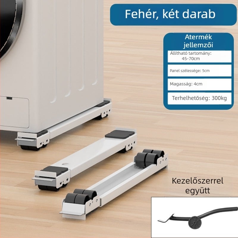 Vasból készült mosógép és hűtő alátámasztó alap, mozgatható görgőkkel, állítható