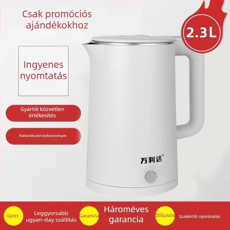 Gravírozott logóval ellátott elektromos vízforraló, állandó hőmérséklet, 2 L+ kapacitás, 1000–1500 W, 360° alap