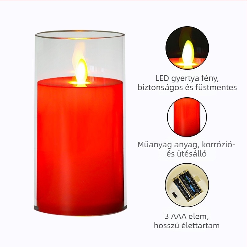 LED gyertya, hengeres műanyag test, lengő lámpabúra, nyomtatott logó, rekvizit esküvőhöz és megkéréshez