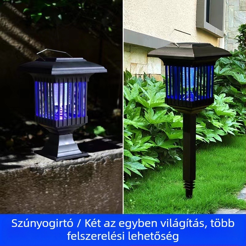 Napelemes szúnyogirtó lámpa, esőálló, hordozható gyephez, szúnyogcsapda, 6–12 órás működési idő