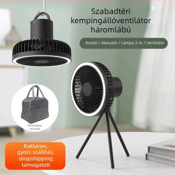 3 lábú USB ventilátor beépített 6000mAh akkumulátorral és éjjeli fénnyel – brushless motor, 3 sebesség, USB táplálás
