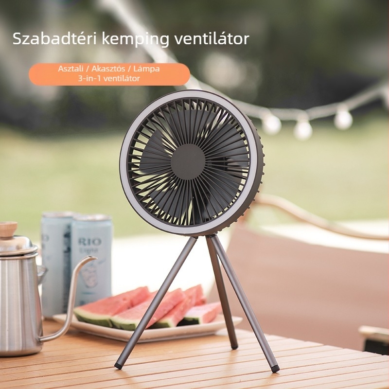 3 lábú USB ventilátor beépített 6000mAh akkumulátorral és éjjeli fénnyel – brushless motor, 3 sebesség, USB táplálás
