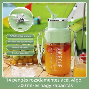 Hordozható gyümölcscentrifuga pohár, kapacitás 401–600 ml, teljesítmény 150 W, fordulatszám 15001–18000 rpm, több mint öt pengével, beépített akkumulátor