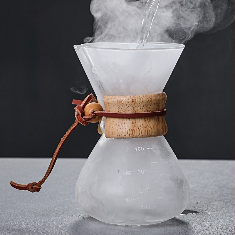 Üvegből készült pour-over kávés kanna szűrővel, fogantyú nélkül, fa elemmel, otthoni használatra