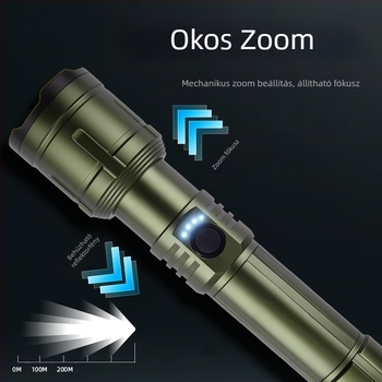 LED zseblámpa kempinghez és kültérre – 20W, újratölthető, akkumulátor 18650/26650, 360° forgatható, hatótávolság ≥500 m