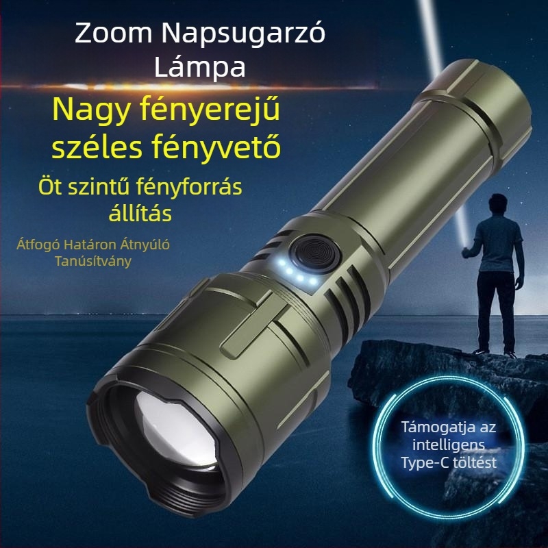 LED zseblámpa kempinghez és kültérre – 20W, újratölthető, akkumulátor 18650/26650, 360° forgatható, hatótávolság ≥500 m
