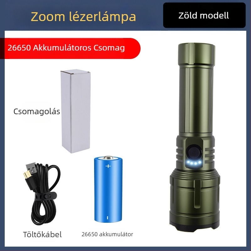 LED zseblámpa kempinghez és kültérre – 20W, újratölthető, akkumulátor 18650/26650, 360° forgatható, hatótávolság ≥500 m
