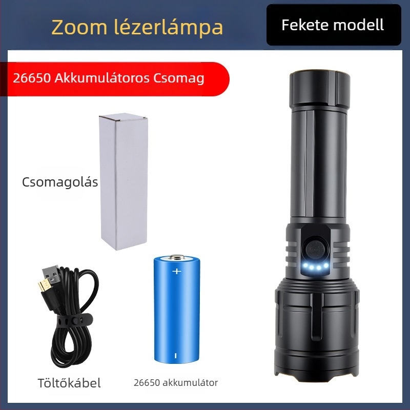 LED zseblámpa kempinghez és kültérre – 20W, újratölthető, akkumulátor 18650/26650, 360° forgatható, hatótávolság ≥500 m