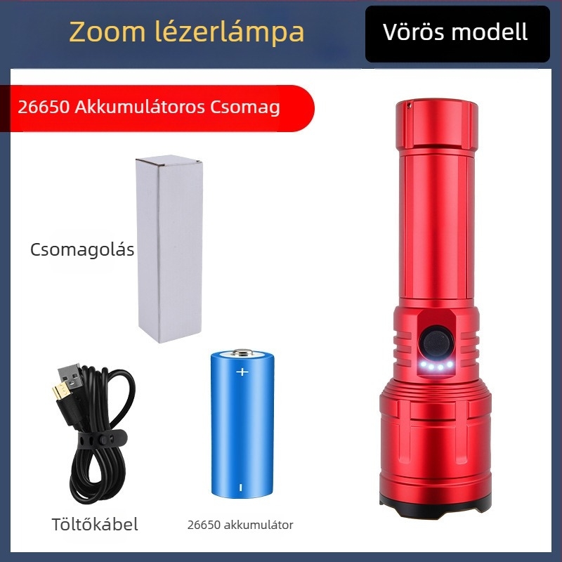 LED zseblámpa kempinghez és kültérre – 20W, újratölthető, akkumulátor 18650/26650, 360° forgatható, hatótávolság ≥500 m
