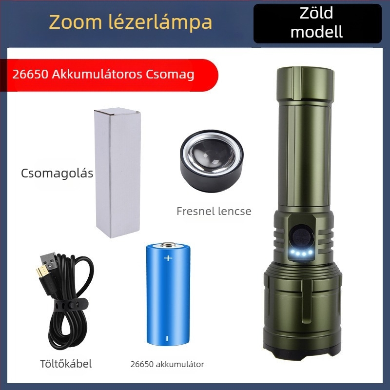 LED zseblámpa kempinghez és kültérre – 20W, újratölthető, akkumulátor 18650/26650, 360° forgatható, hatótávolság ≥500 m