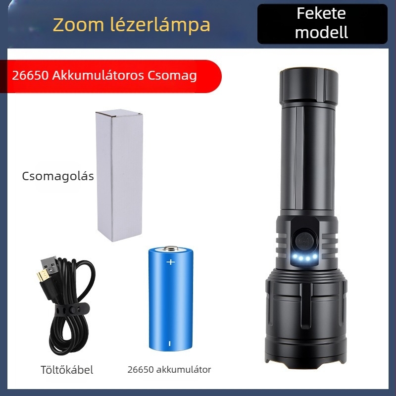 LED zseblámpa kempinghez és kültérre – 20W, újratölthető, akkumulátor 18650/26650, 360° forgatható, hatótávolság ≥500 m