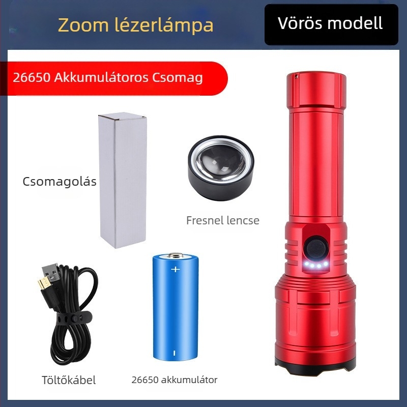 LED zseblámpa kempinghez és kültérre – 20W, újratölthető, akkumulátor 18650/26650, 360° forgatható, hatótávolság ≥500 m