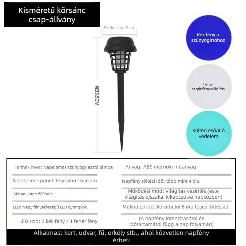 Kültéri napelemes szúnyogriasztó lámpa LED-del, 3W, 1.2V, kerek formájú