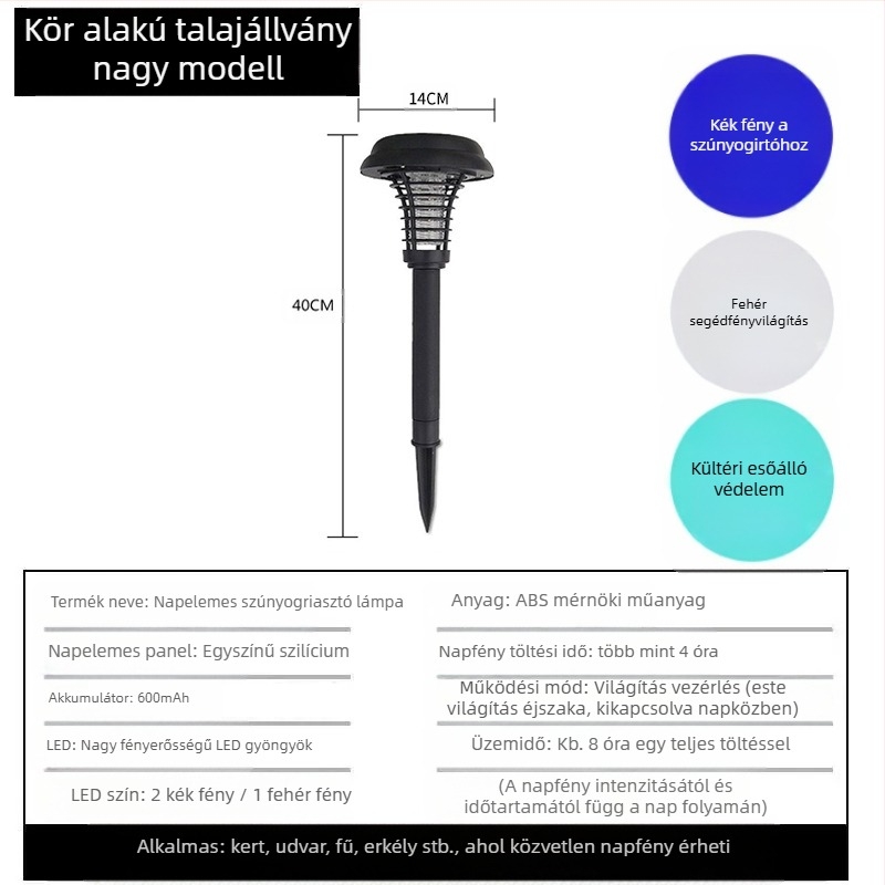 Kültéri napelemes szúnyogriasztó lámpa LED-del, 3W, 1.2V, kerek formájú