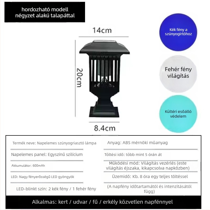 Kültéri napelemes szúnyogriasztó lámpa LED-del, 3W, 1.2V, kerek formájú