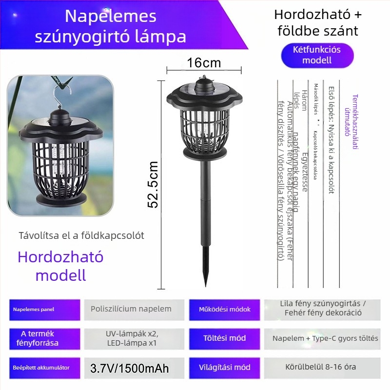 Kültéri napelemes szúnyogriasztó lámpa LED-del, 3W, 1.2V, kerek formájú