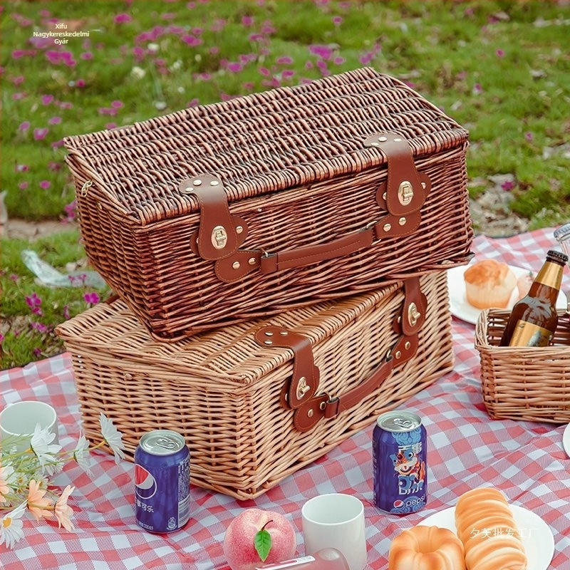 Kültéri piknik kosár, rattan- és bambusz kivitelben, hordozható tároló kosár