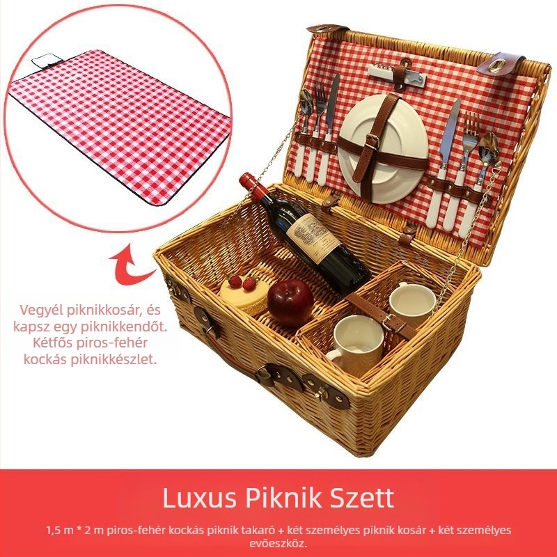 Kültéri piknik kosár, rattan- és bambusz kivitelben, hordozható tároló kosár