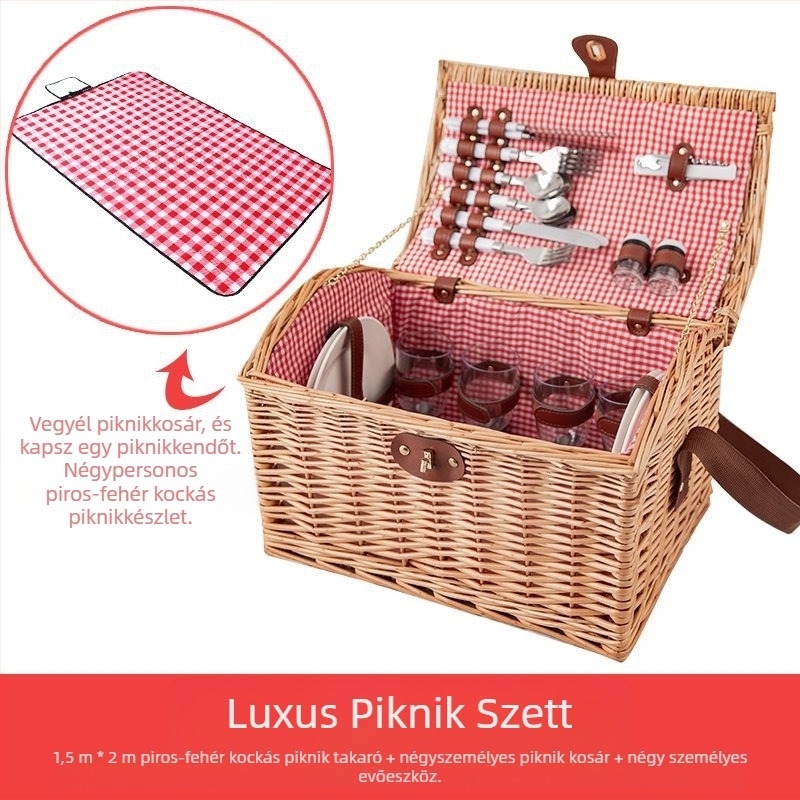 Kültéri piknik kosár, rattan- és bambusz kivitelben, hordozható tároló kosár