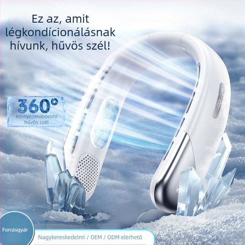 Pengéje nélküli nyakba akasztható ventilátor | (Beépített 2000–4000 mAh akkumulátor; USB töltés; Brushless motor; Pengéje nélküli kialakítás; 5 fokozatú szél)