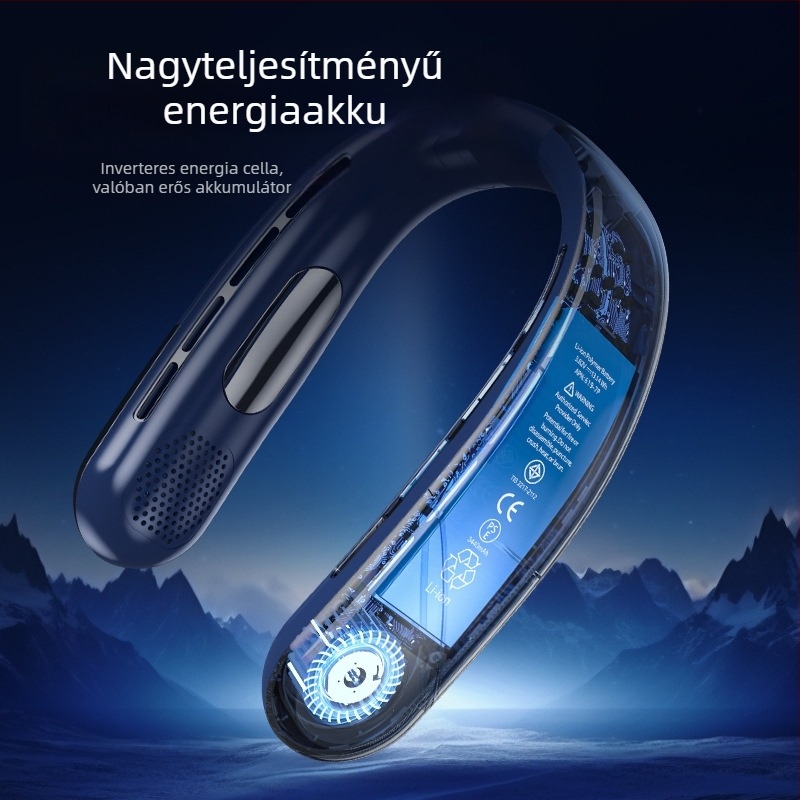 Pengéje nélküli nyakba akasztható ventilátor | (Beépített 2000–4000 mAh akkumulátor; USB töltés; Brushless motor; Pengéje nélküli kialakítás; 5 fokozatú szél)