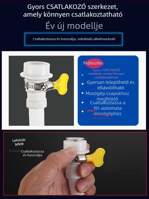 Mosógép vízbetöltő tömlő — gyorscsatlakozású snap-on, félautomata, univerzális, műanyag