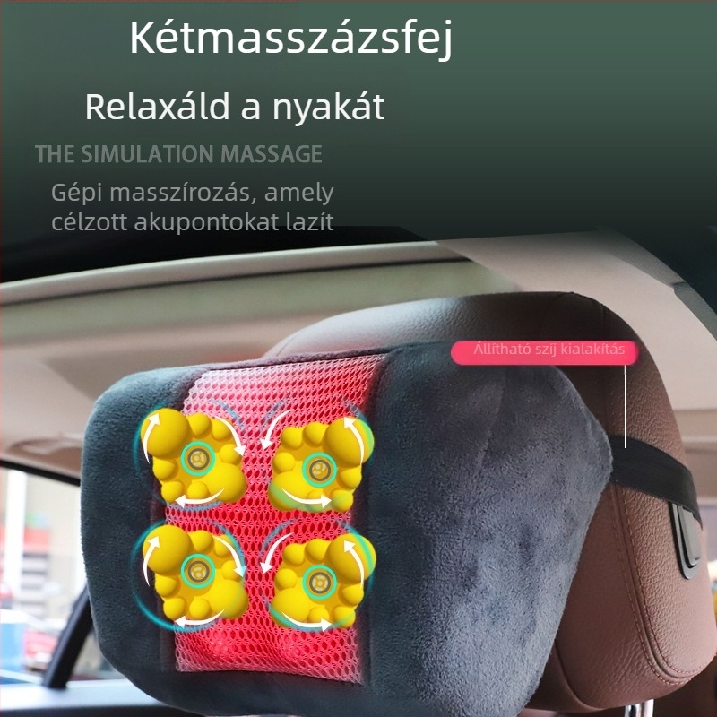 Autó- és otthoni nyaki és háti masszírozó – kneading masszázs, melegítés és rezgés, 6+ masszázsfő, 3. fokozat, vezetékes kézi vezérlés