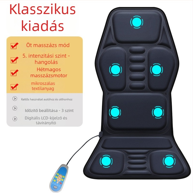 Autó- és otthoni nyaki és háti masszírozó – kneading masszázs, melegítés és rezgés, 6+ masszázsfő, 3. fokozat, vezetékes kézi vezérlés