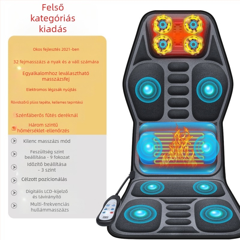Autó- és otthoni nyaki és háti masszírozó – kneading masszázs, melegítés és rezgés, 6+ masszázsfő, 3. fokozat, vezetékes kézi vezérlés