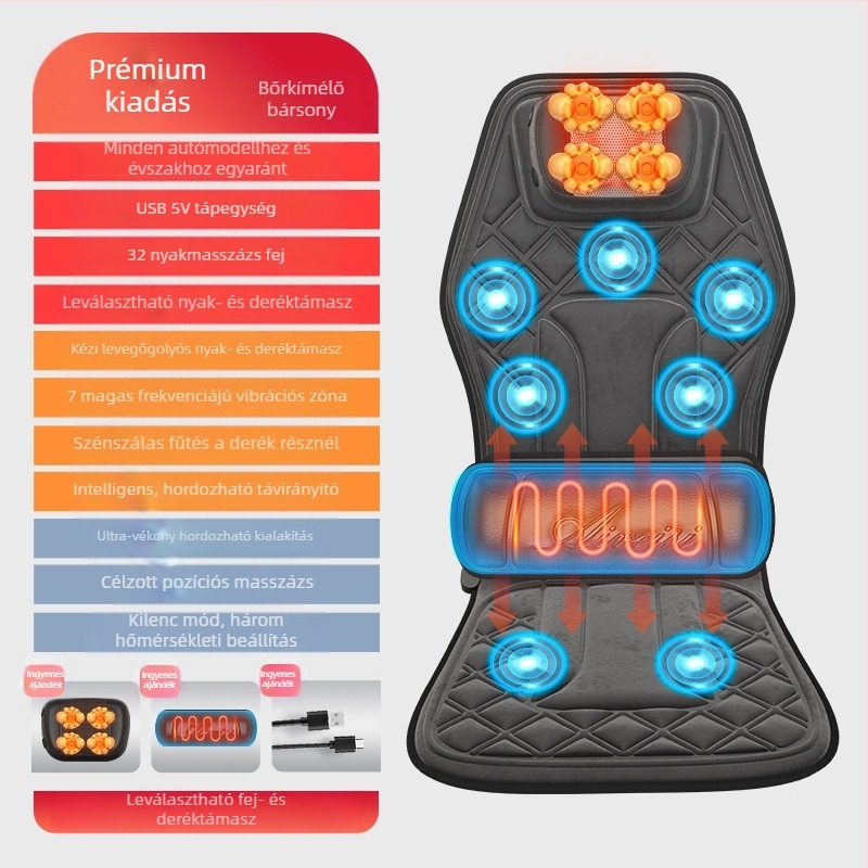 Autó- és otthoni nyaki és háti masszírozó – kneading masszázs, melegítés és rezgés, 6+ masszázsfő, 3. fokozat, vezetékes kézi vezérlés