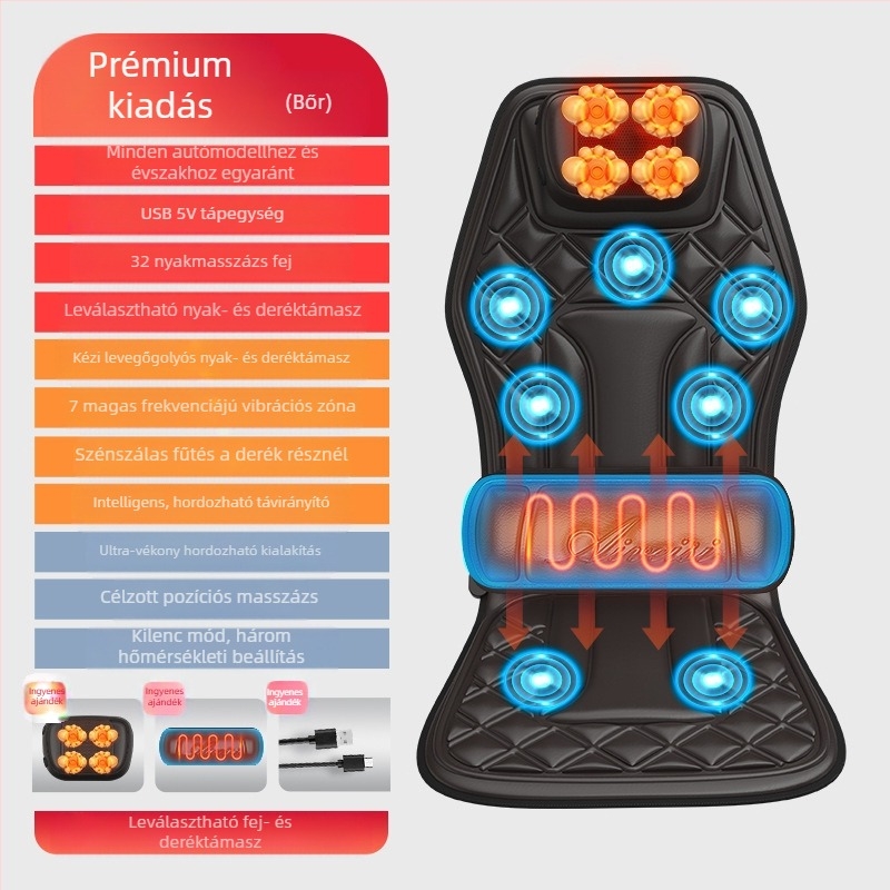 Autó- és otthoni nyaki és háti masszírozó – kneading masszázs, melegítés és rezgés, 6+ masszázsfő, 3. fokozat, vezetékes kézi vezérlés