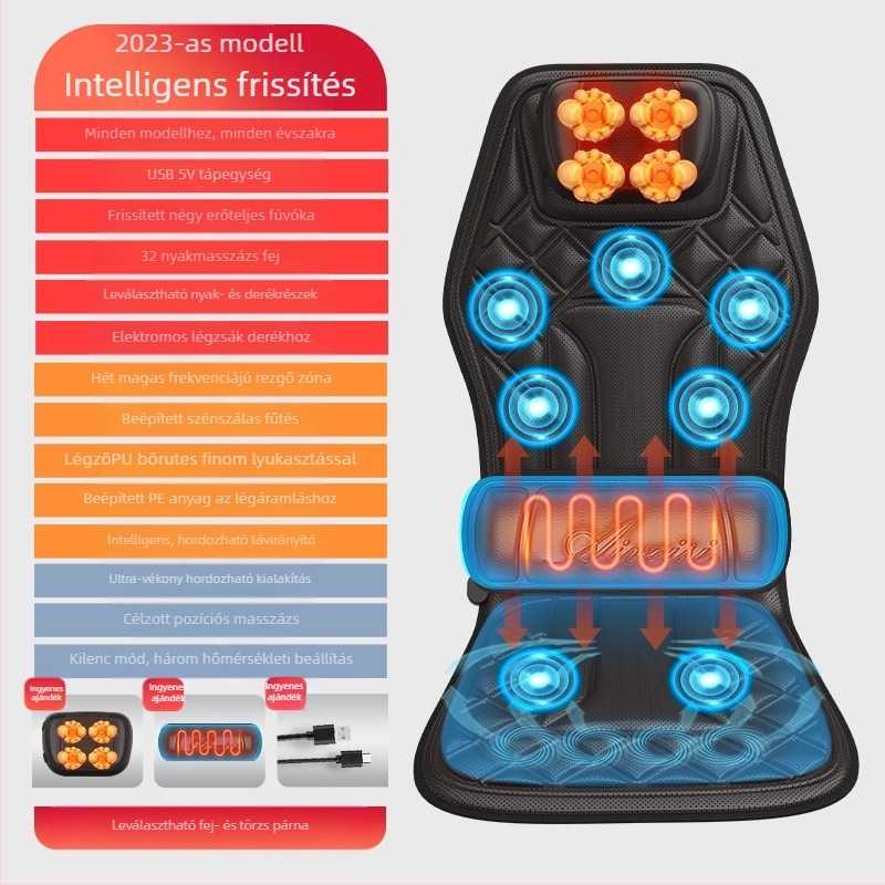 Autó- és otthoni nyaki és háti masszírozó – kneading masszázs, melegítés és rezgés, 6+ masszázsfő, 3. fokozat, vezetékes kézi vezérlés