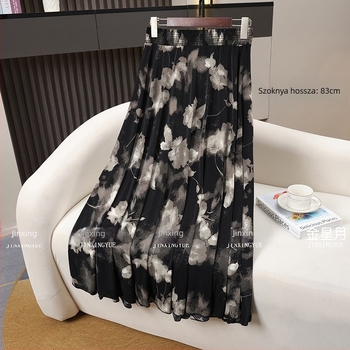 A-vonalú midi szoknya, hosszú, virágos mintázat, Ice Silk, 70–80% viszkóz, enyhe nyújthatóság, 2025 nyár